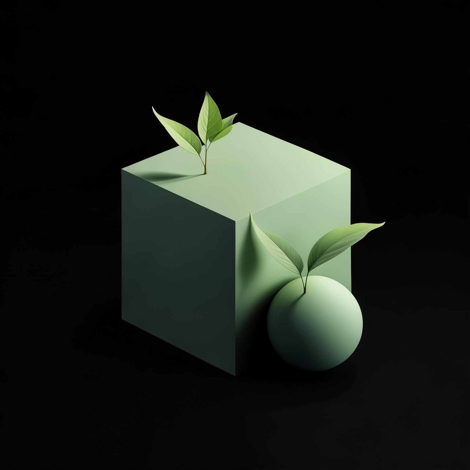 Heller grüner Würfel mit einer Kugel und jungem Trieb