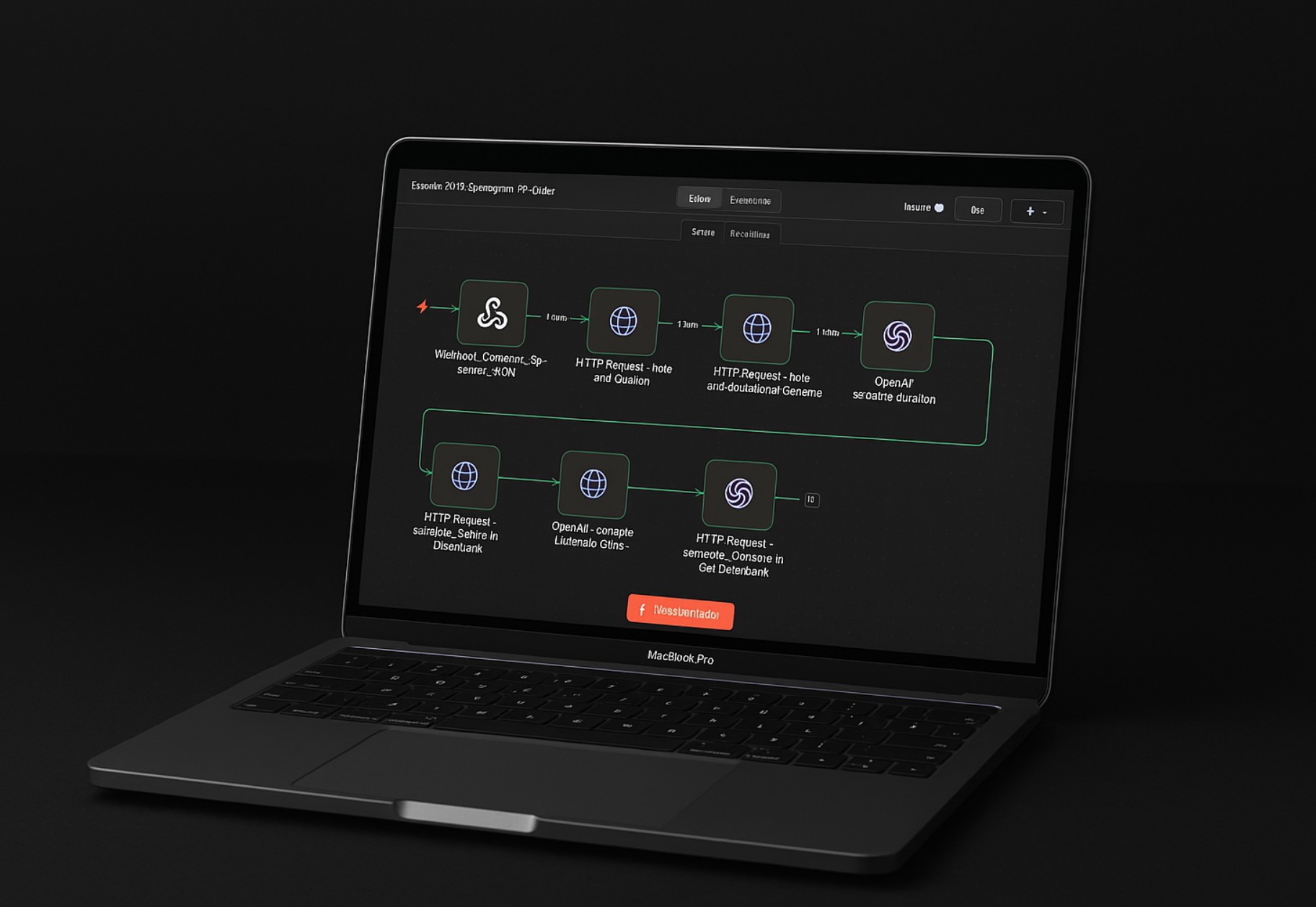 Laptop mit einem Automatisierungs-Workflow aus verbundenen Knoten auf dunklem Bildschirm