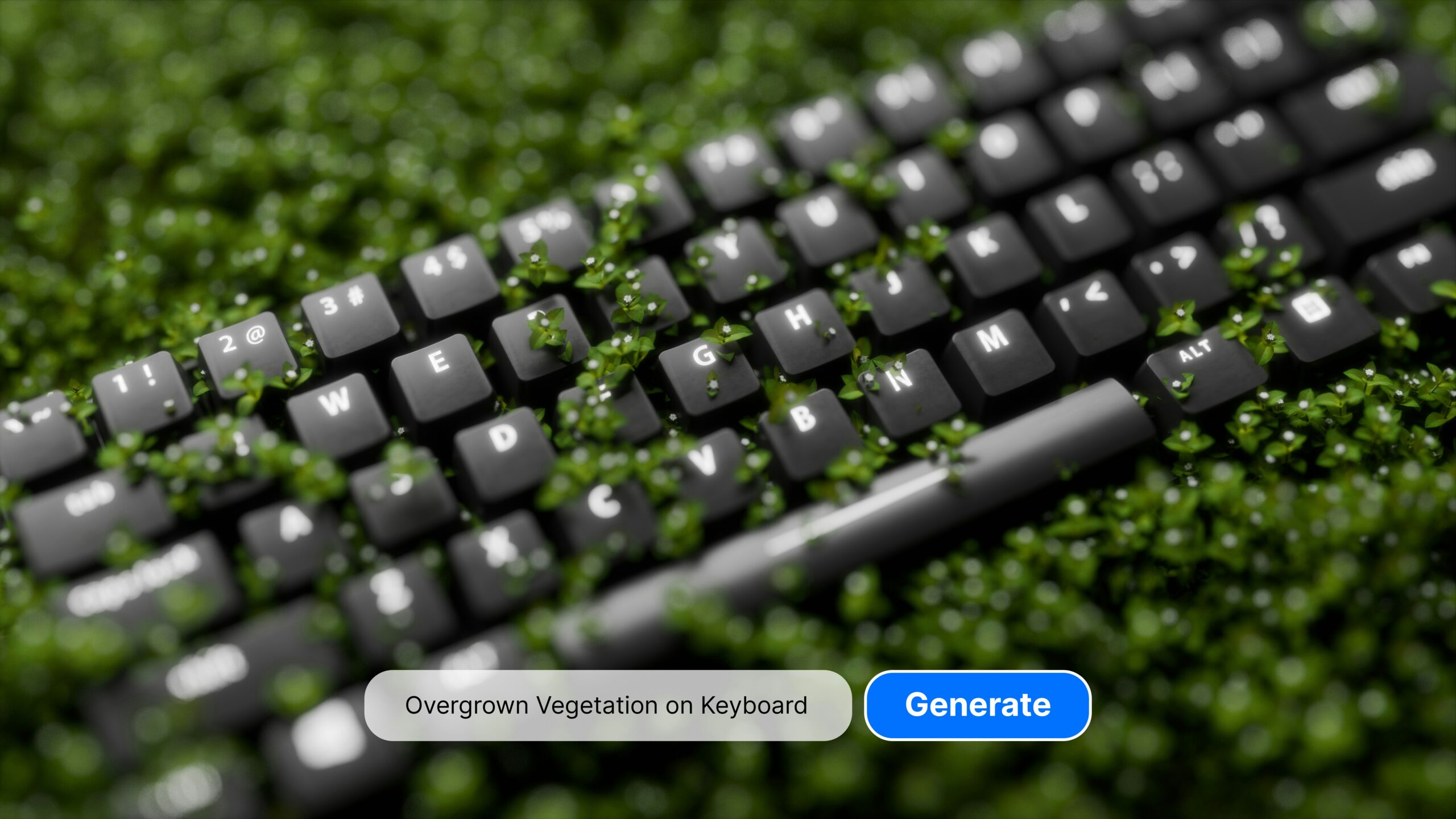 Tastatur, von grünen Pflänzchen überwachsen, mit eingeblendetem Generate-Button