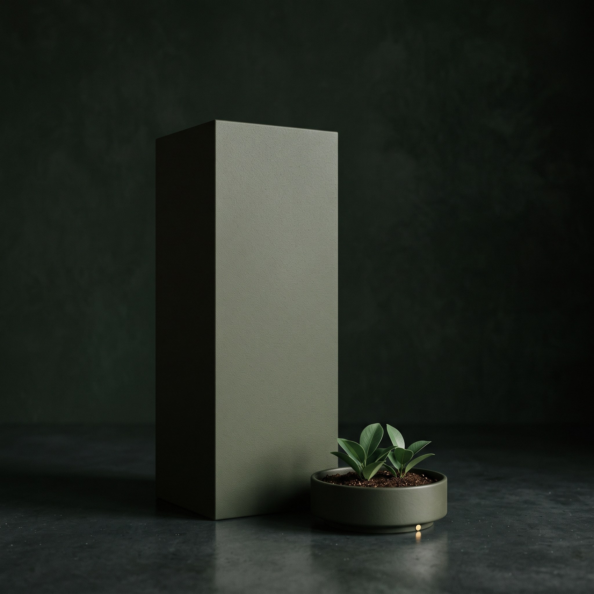 Dunkelgrüner Monolith neben einer kleinen Pflanzschale