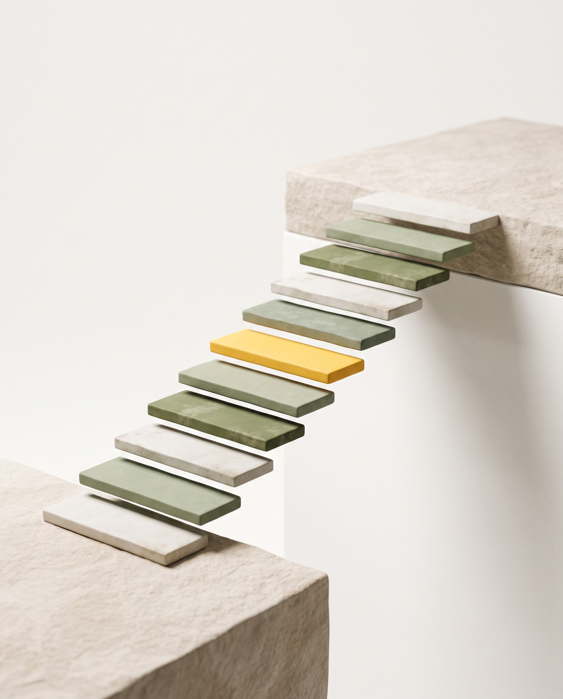 Schwebende matte Platten bilden eine Treppe über eine Lücke zwischen zwei Steinblöcken